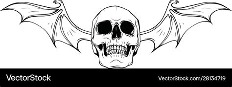 Fanged skull with bat wings black and white Vector Image