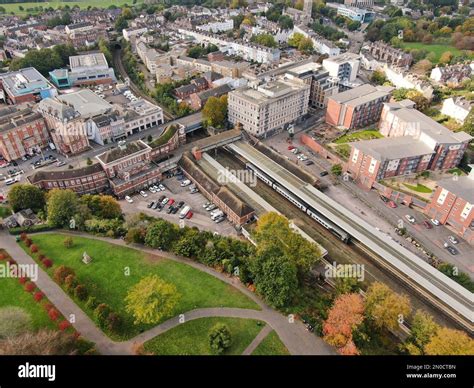 an aerial view of the centre of Exeter City showing Exeter Central ...