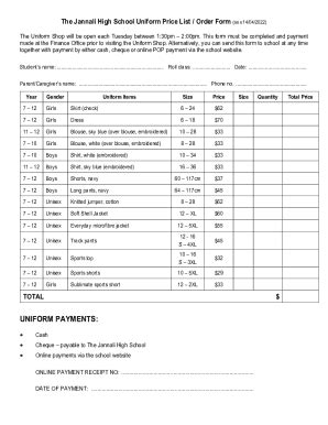 AU The Jannali High School Uniform Price List/Order Form 2022-2024 - Fill and Sign Printable ...