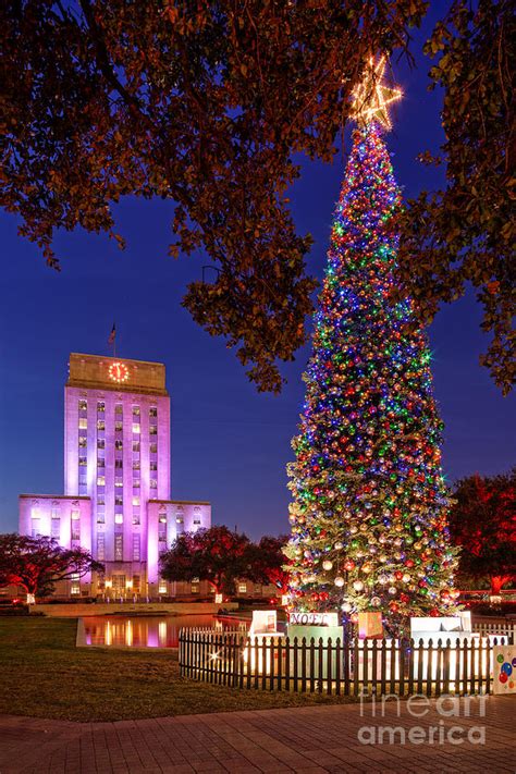 Downtown Houston Christmas Tree And City Hall At Twilight - Houston ...