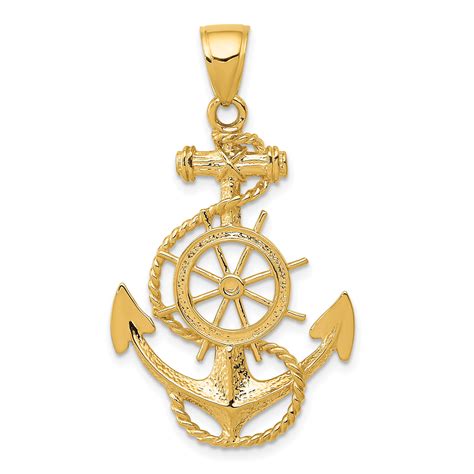 14kt Yellow Gold Large Nautical Anchor Ship Wheel Mariners Pendant ...