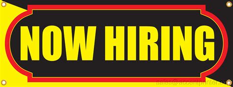 Now Hiring Vinyl Display Banner with Grommets, 3'h x 8'w, Full Color - 2000signs.com