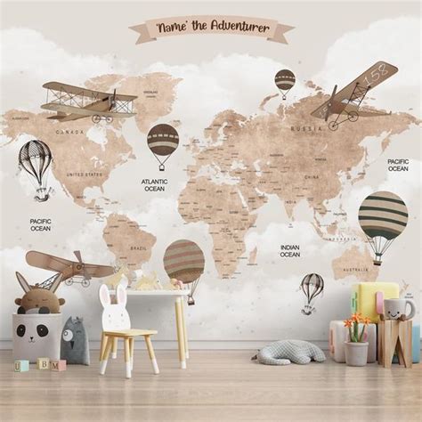 Wall Size World Map, Beige, Gliders and Balloons, Kids Room Wallpaper Sparkla N Shine Series ...