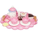 WoodenEdu Wooden Tea Party Set for Little Girls, Toddler Tea Set with Food Pretend Play ...