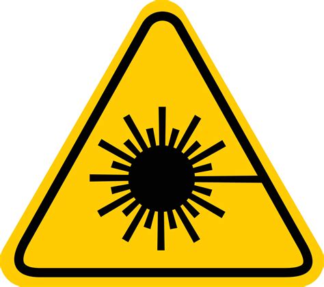 Laser radiation warning on white background. Yellow triangle Warning ...