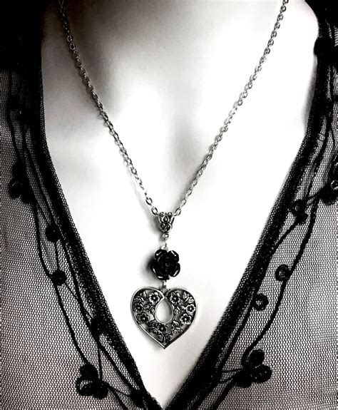 Silver Heart Necklace With Black Rose Gothic Victorian - Etsy