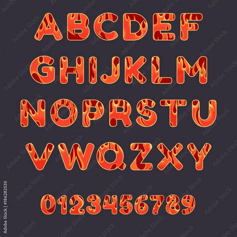 Fire alphabet font on dark background. Capital letters and numbers with flame effect Stock ...