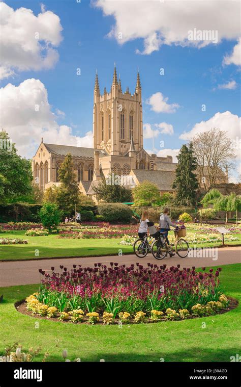 Bury St Edmunds cathedral, view across the Abbey Gardens towards St ...