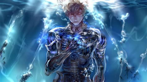 Genos, One-Punch Man, anime, anime boys, yellow eyes, glowing eyes HD Wallpaper