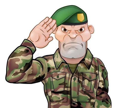 Illustration about A tough looking saluting soldier cartoon character wearing a green beret ...