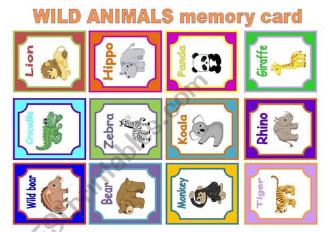 WILD ANIMALS MEMORY CARD GAME worksheet | Cards, Card games, Memory cards