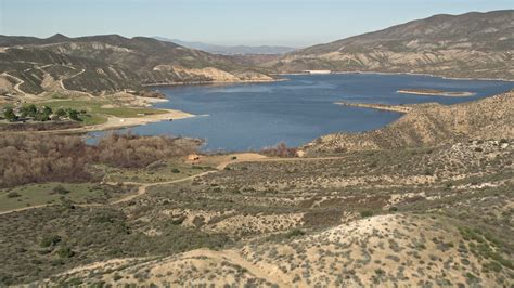 5K stock footage aerial video of approaching Lake Hemet and Hemet Dam, California Aerial Stock ...