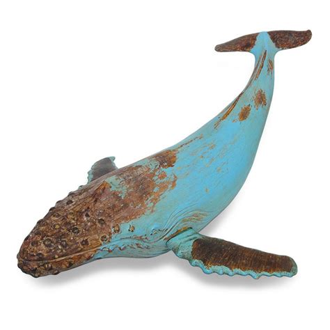 Verdigris Finish Humpback Whale Wood Look Statue Sculptures - Tanga