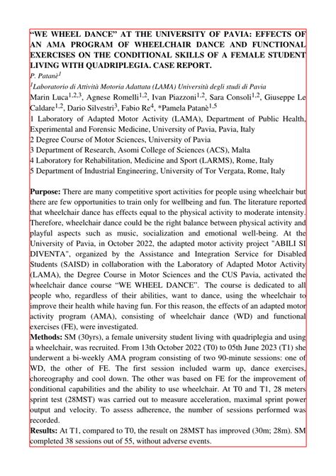 (PDF) "WE WHEEL DANCE" AT THE UNIVERSITY OF PAVIA: EFFECTS OF AN AMA PROGRAM OF WHEELCHAIR DANCE ...