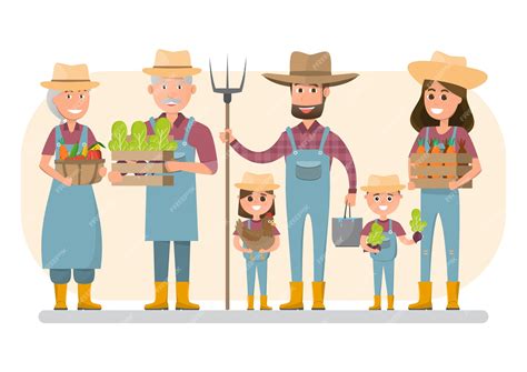 Personaje de dibujos animados de familia de granjero feliz en granja rural orgánica. | Vector ...