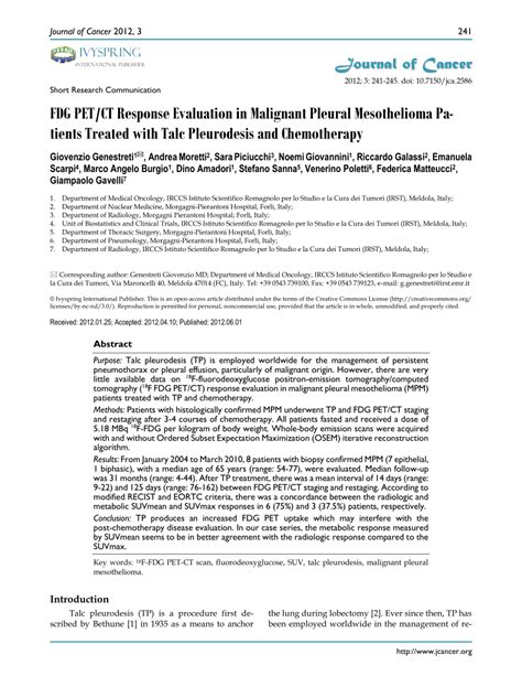 [PDF] FDG PET/CT Response Evaluation in Malignant Pleural Mesothelioma ...