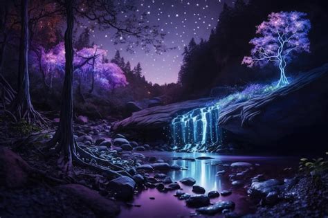 Premium Photo | Beautiful enchanted forest illuminated at night by bioluminescence trees rivers ...