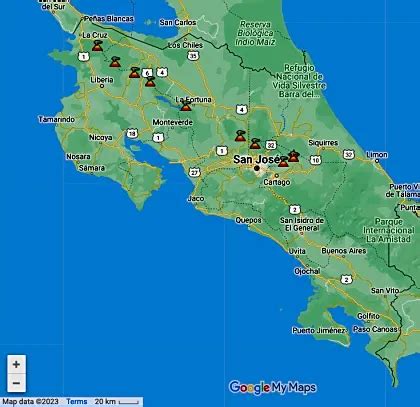 Costa Rica Volcanoes Map - Arenal, Poas, Irazu and Rincon de la Vieja