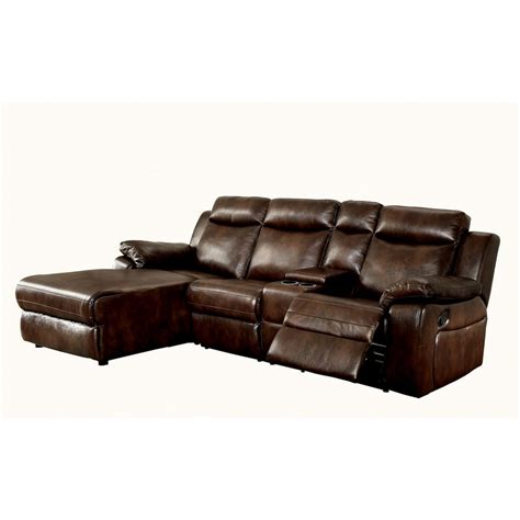 Leatherette Reclining Sectional Sofa with Chaise and Console, Brown ...