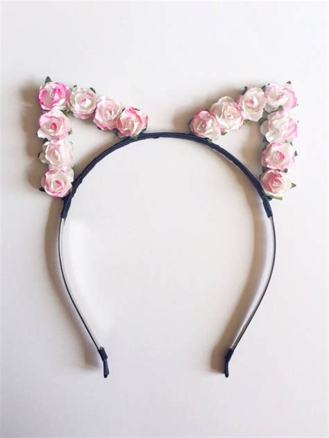 Pink White Cat Ears Flower Headband Floral Mini Roses Cat Ears Pink White Rose Headband ...