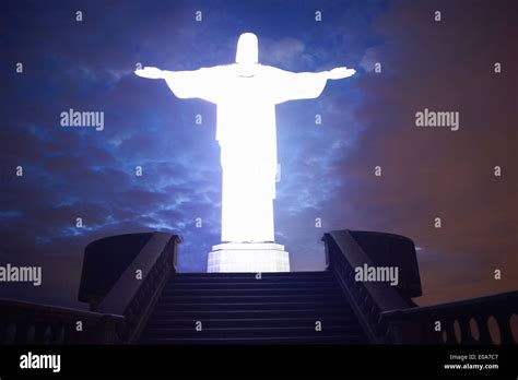 Stairway and Christ the Redeemer at night, Rio De Janeiro, Brazil Stock ...