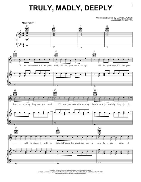 Truly, Madly, Deeply by Savage Garden Sheet Music for Piano, Vocal & Guitar Chords (Right-Hand ...