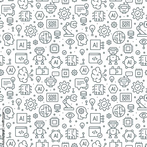 Vector artificial intelligence seamless pattern design with thin line symbols of robot, digital ...