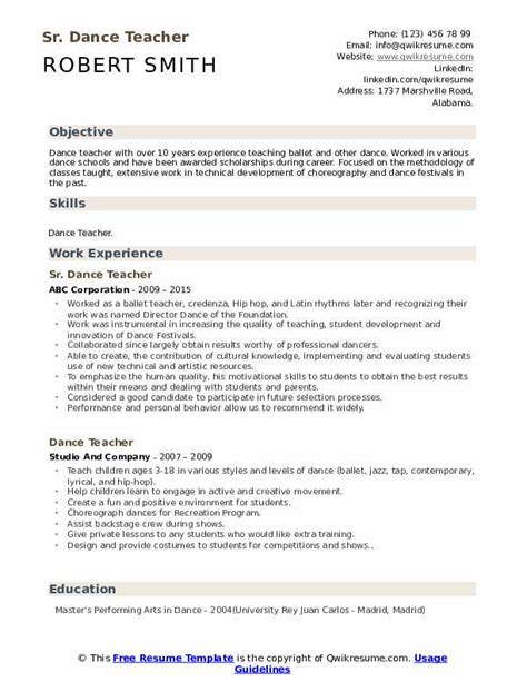 Dance Teacher Resume Samples | QwikResume