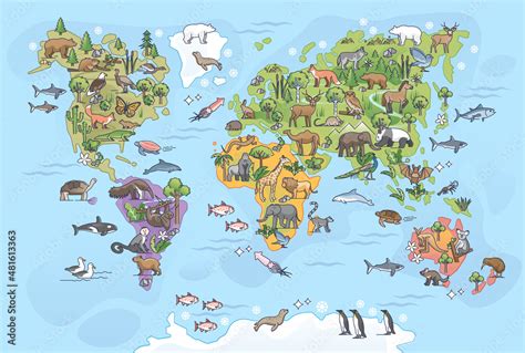 World map with animals as all continents natural habitat outline ...