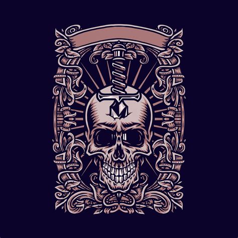 Skull knife with ornate frame, hand drawn line with digital color ...