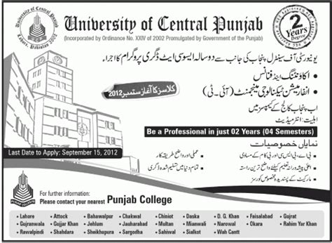 University of Central Punjab Admissions Fall September 2012