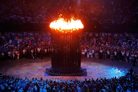 The Olympic cauldron is seen alight during the opening ceremony of the London 2012 Olympic Games ...