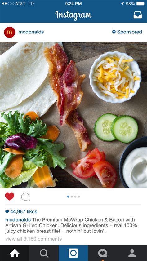 Just saw my first sponsored Instagram ad, McDonalds. Makes it look like an acct I'm following ...