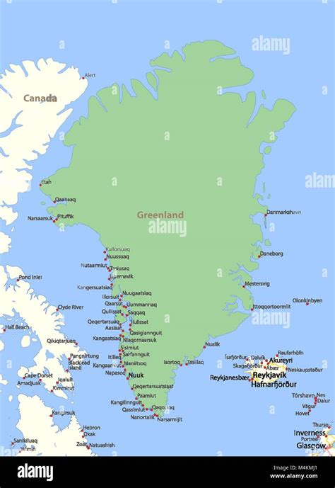 Map of Greenland. Shows country borders, urban areas, place names and roads. Labels in English ...