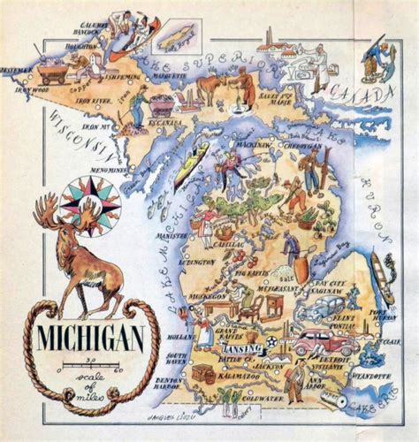 Detailed old tourist illustrated map of Michigan state – 1946 | Vidiani ...