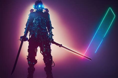 Premium Photo | Cyber knight with neon sword illustration art