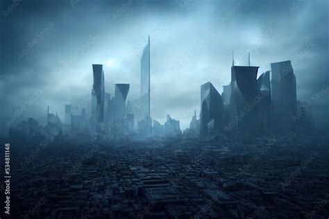 Panorama of dystopian sci-fi city / Digital artwork of futuristic post-apocalyptic sci-fi city ...