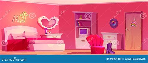 Retro Girl Bedroom Interior with Furniture Stock Vector - Illustration ...