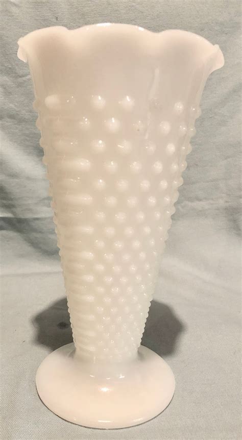 White Milk Glass Hobnail Vase with Ruffled Edge