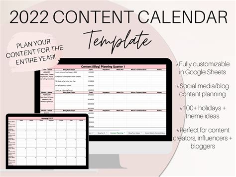 2022 Content Calendar Template Content Calendar Google Sheets Social Media Content Planner Blog ...