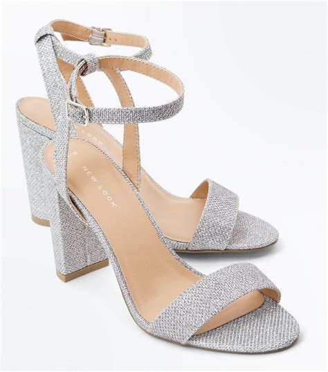 Silver Glitter Block Heel Sandals | New Look | Heels, Block heels sandal, Sandals heels