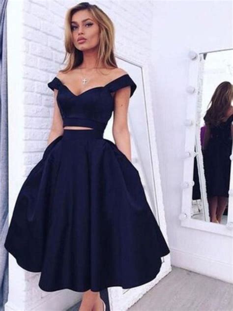 Custom Made 2 Pieces Off Shoulder Short Navy Blue Prom Dresses, Short – jbydress