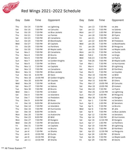 Detroit Red Wings Schedule Printable - Printable Templates