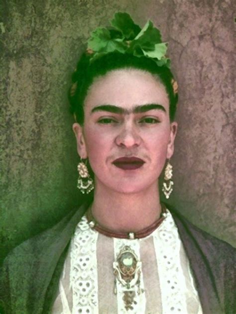 Frida with beautiful broach, earnings, eyebrows, and moustache ...