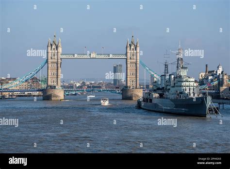 View towards HMS Belfast and Tower Bridge Stock Photo - Alamy