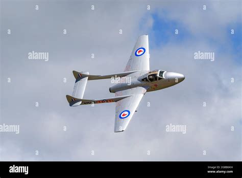 A De Havilland DH115 Vampire, a 1940s British jet fighter, in the sky ...