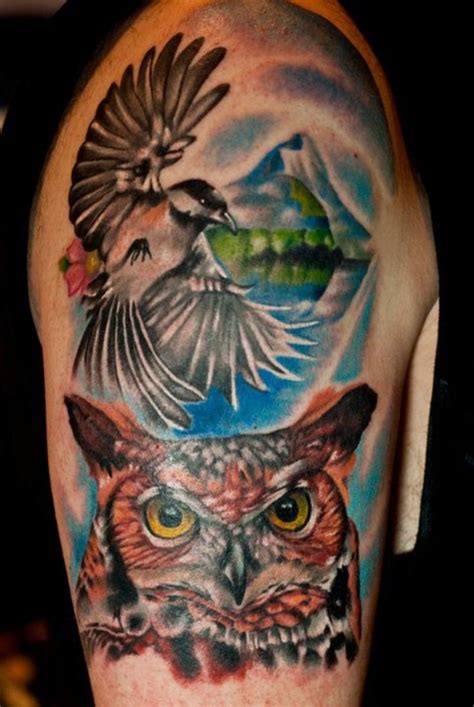 Great Horned Owl Tattoo W/ Chickadee & Mountain Tattoo Pictures at Checkoutmyink.com | Owl ...