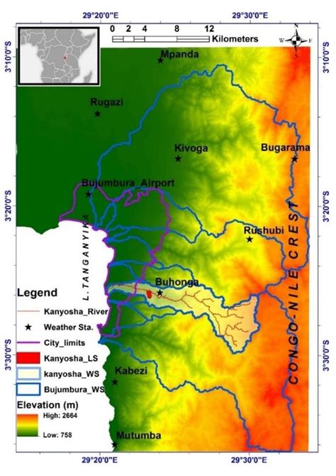 Map of Bujumbura region (city outlined in violet) with indication of... | Download Scientific ...