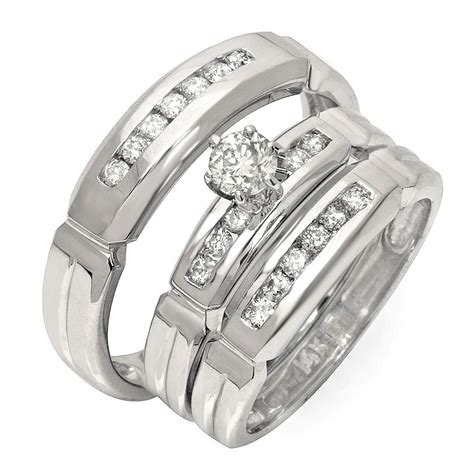 Luxurious Trio Marriage Rings Half Carat Round Cut Diamond on Gold - JeenJewels