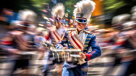 A dynamic representation of a drum corps in a parade, with vibrant uniforms and synchronized ...